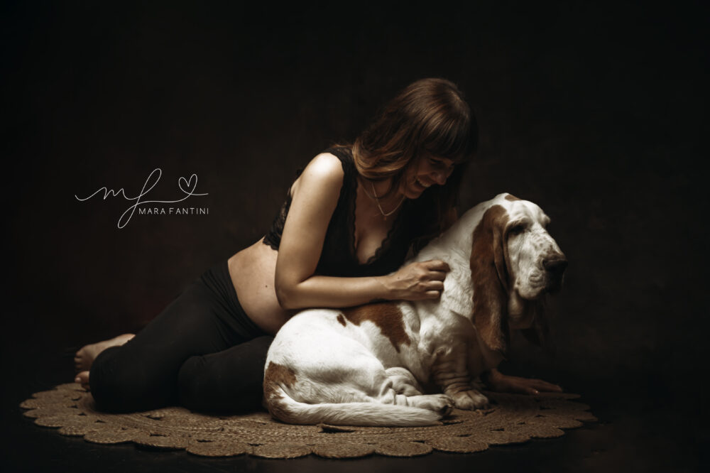 Ritratto gravidanza con Basset Hound Roma — studio Mara Fantini