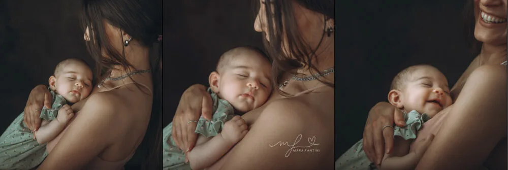 Book fotografico bambini 3 mesi Roma — bimba sul petto della mamma, studio Mara Fantini